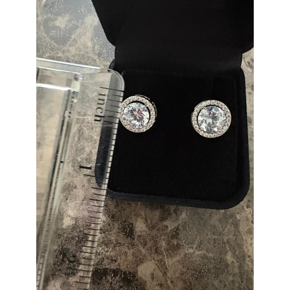 Silver Tone Round Halo Cubic Zirconia Stud Earrings Brilliant Cut Pave Border - Picture 14 of 14